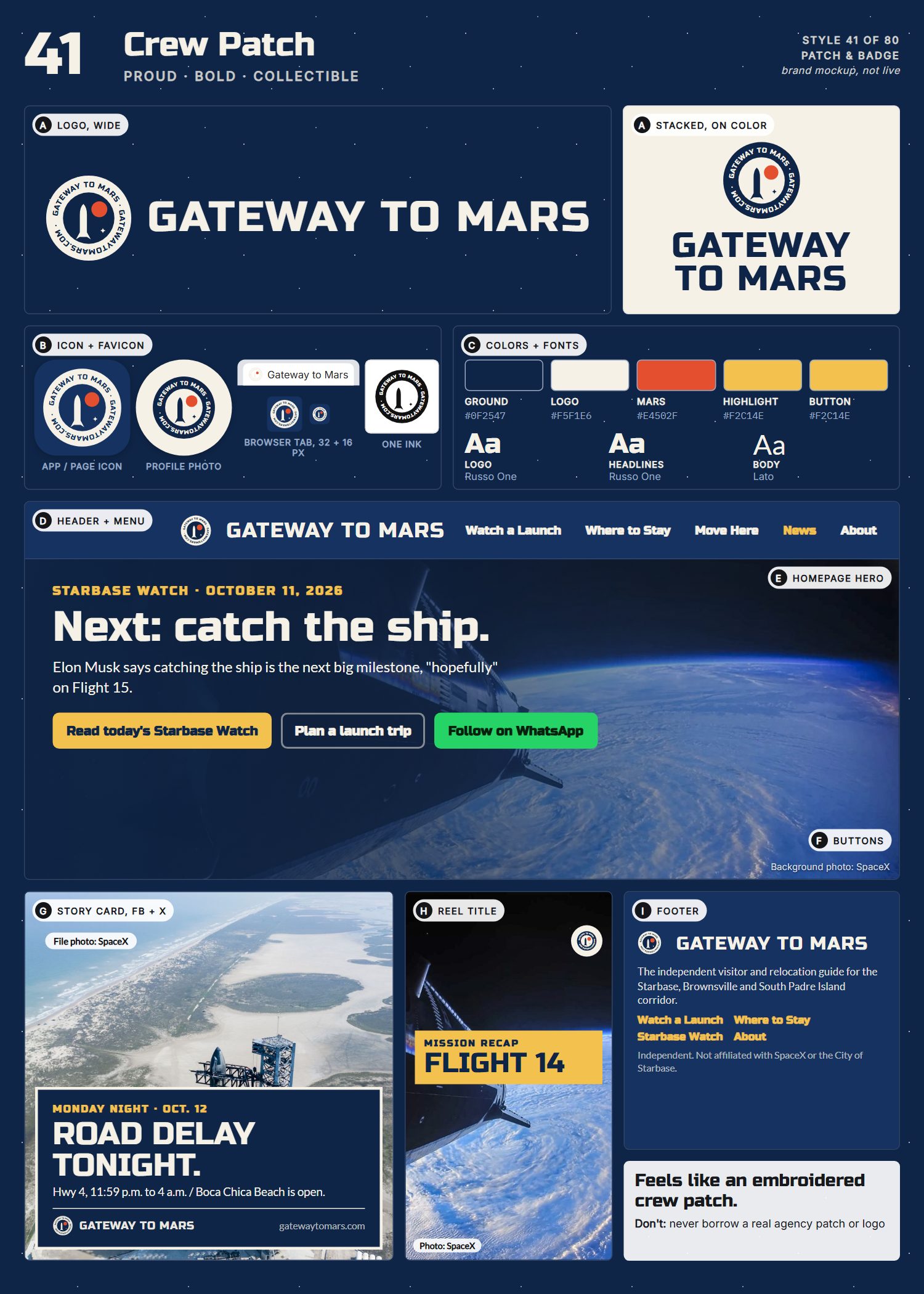 Style 41, Crew Patch, full page: logo, icons, colors and fonts, site header, homepage, buttons, story card, reel title and footer