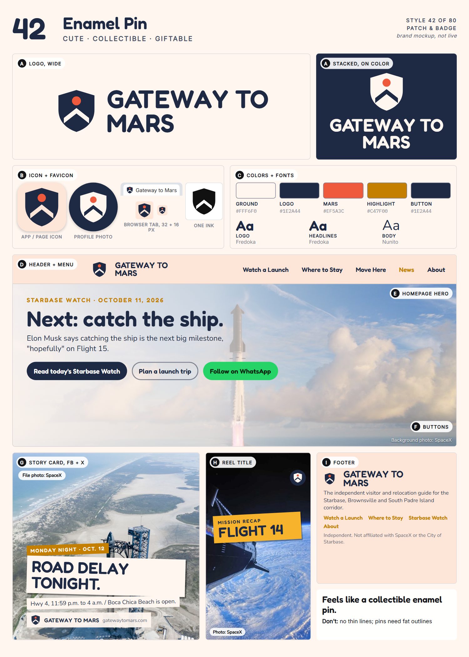 Style 42, Enamel Pin, full page: logo, icons, colors and fonts, site header, homepage, buttons, story card, reel title and footer