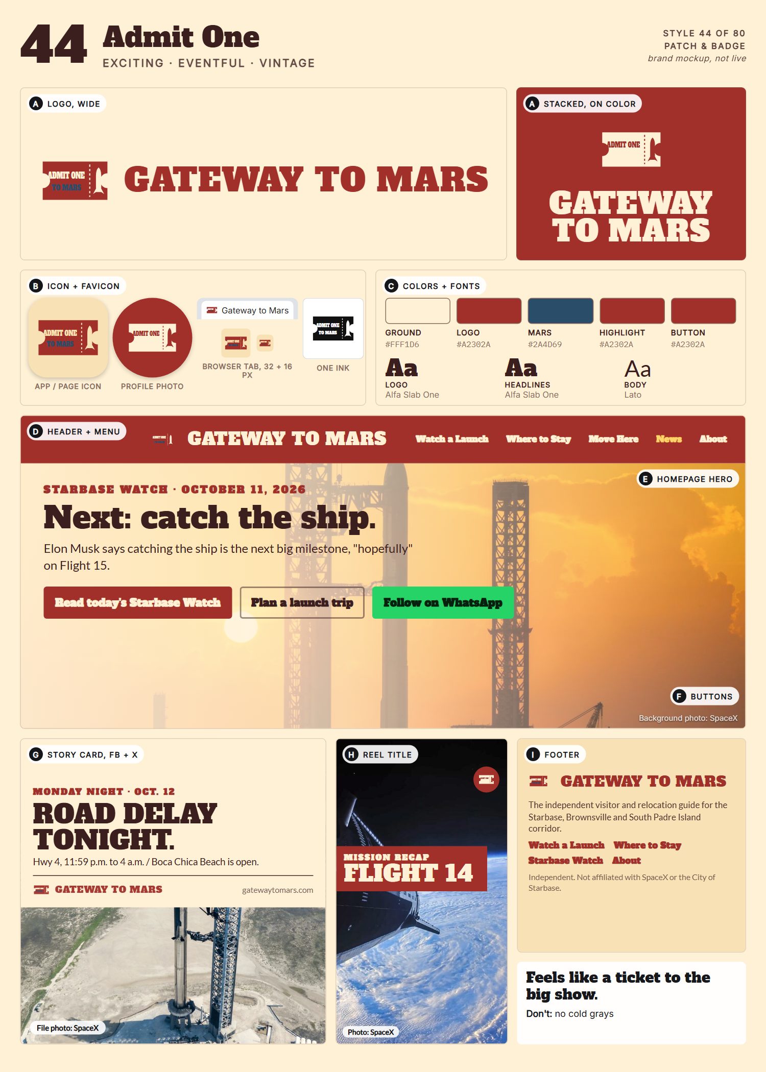 Style 44, Admit One, full page: logo, icons, colors and fonts, site header, homepage, buttons, story card, reel title and footer