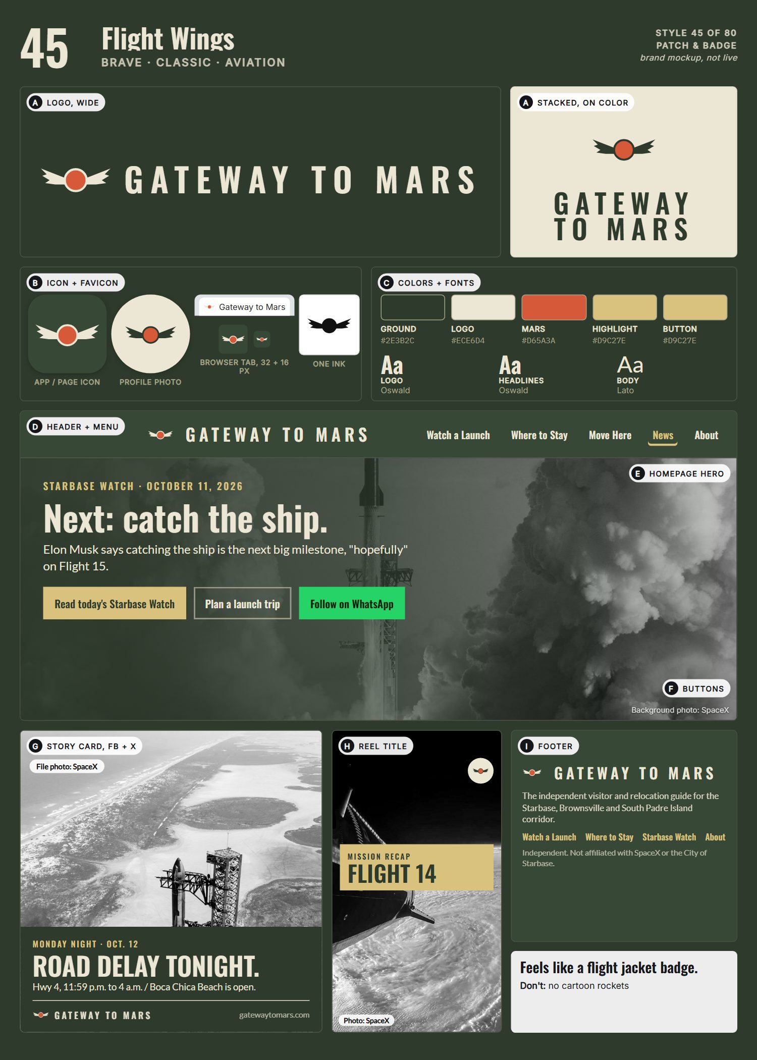 Style 45, Flight Wings, full page: logo, icons, colors and fonts, site header, homepage, buttons, story card, reel title and footer