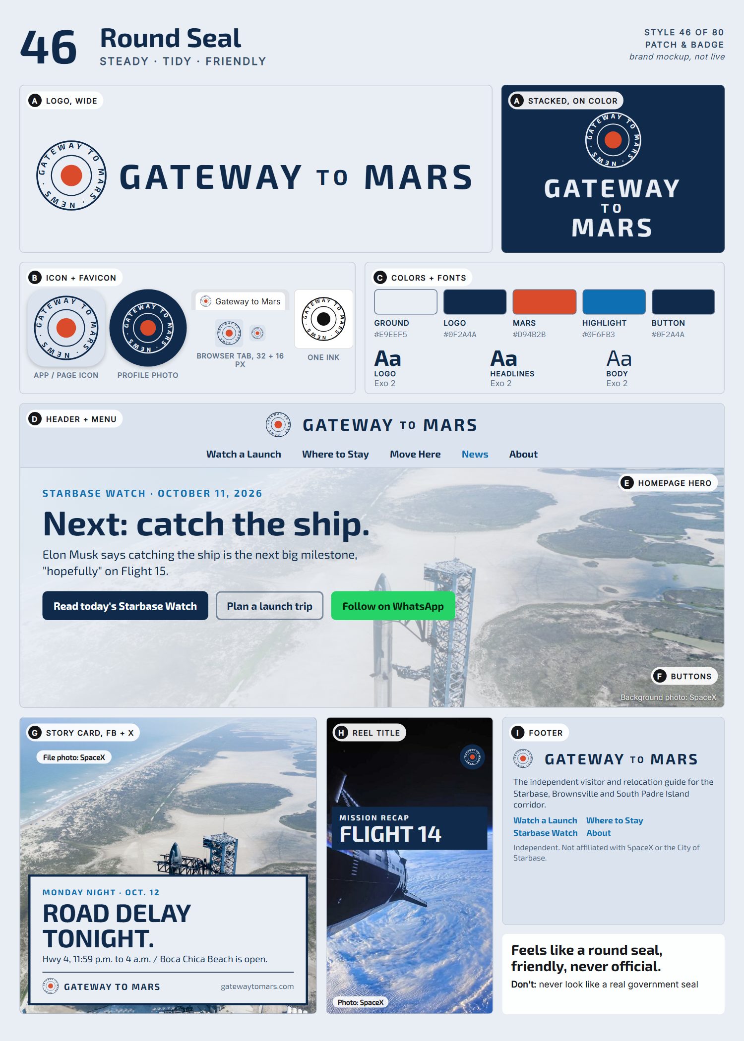 Style 46, Round Seal, full page: logo, icons, colors and fonts, site header, homepage, buttons, story card, reel title and footer