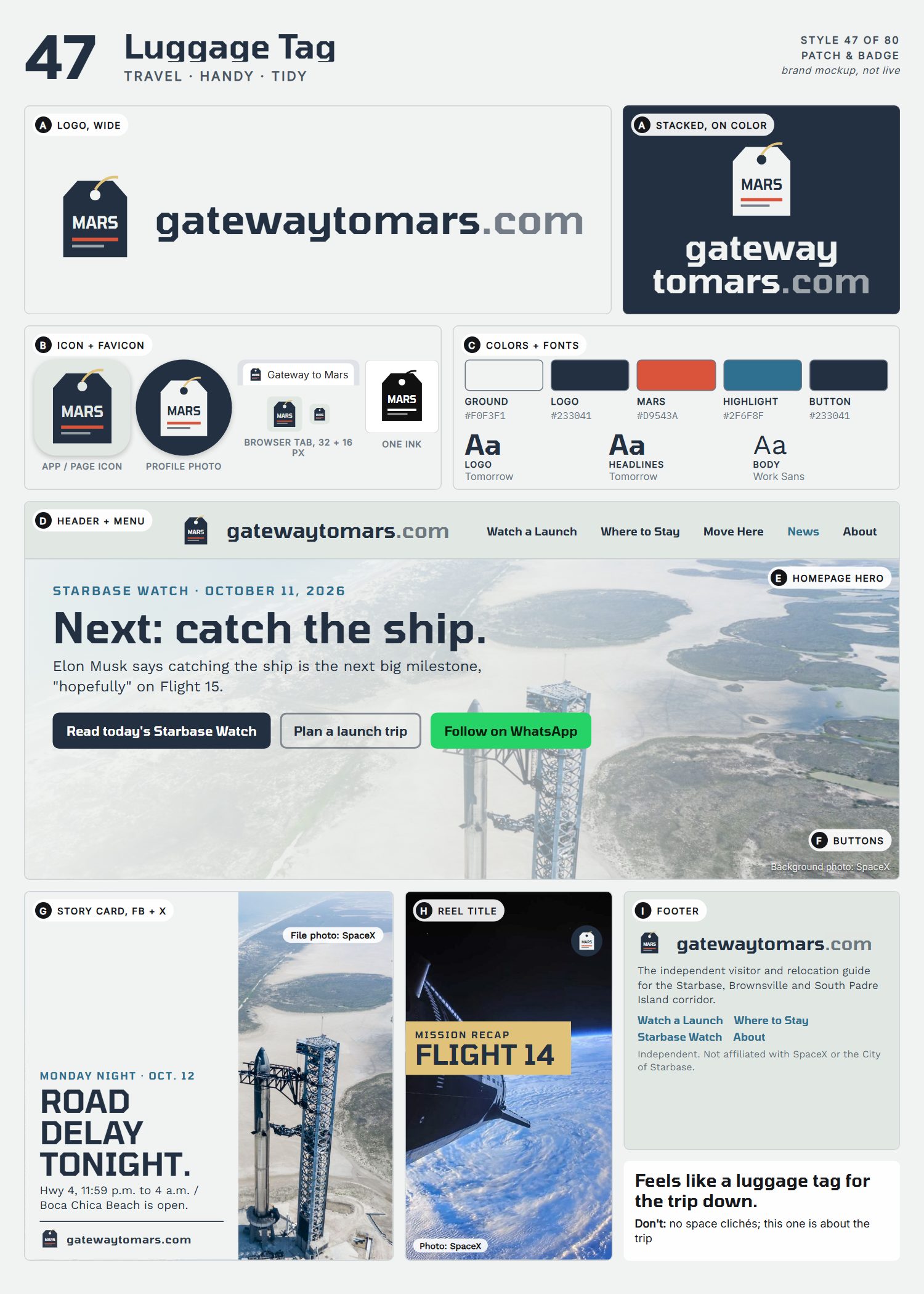 Style 47, Luggage Tag, full page: logo, icons, colors and fonts, site header, homepage, buttons, story card, reel title and footer