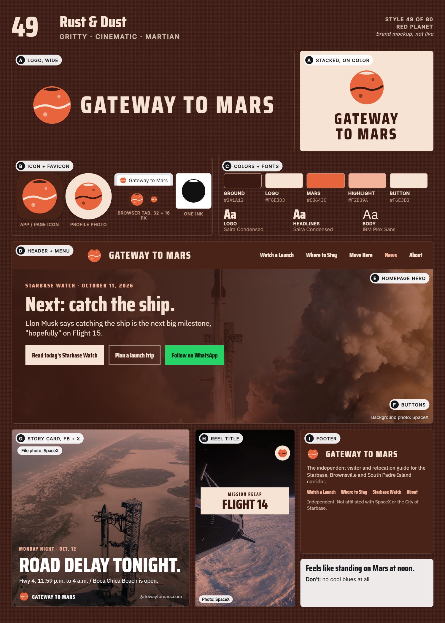 Style 49, Rust & Dust, full page: logo, icons, colors and fonts, site header, homepage, buttons, story card, reel title and footer