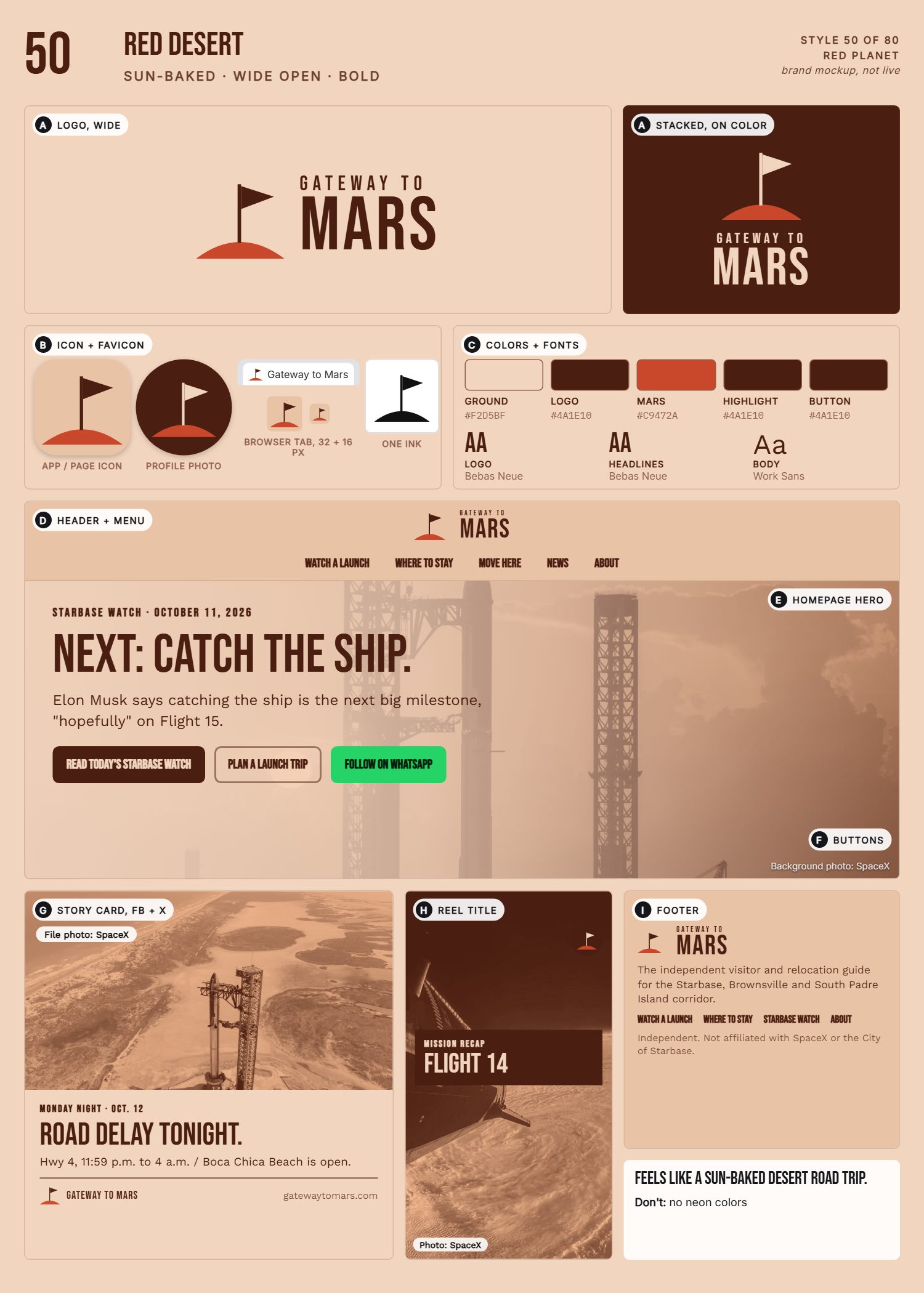 Style 50, Red Desert, full page: logo, icons, colors and fonts, site header, homepage, buttons, story card, reel title and footer
