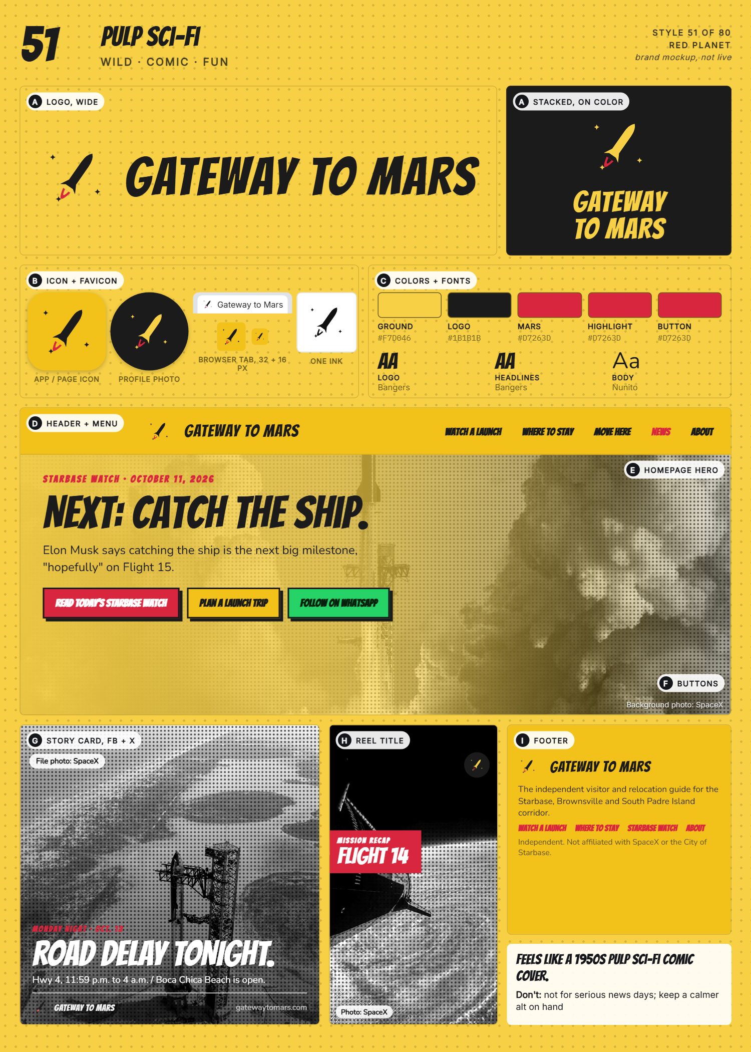 Style 51, Pulp Sci-Fi, full page: logo, icons, colors and fonts, site header, homepage, buttons, story card, reel title and footer