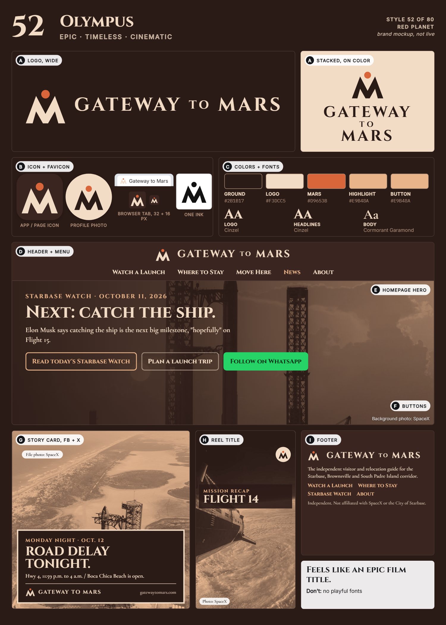 Style 52, Olympus, full page: logo, icons, colors and fonts, site header, homepage, buttons, story card, reel title and footer