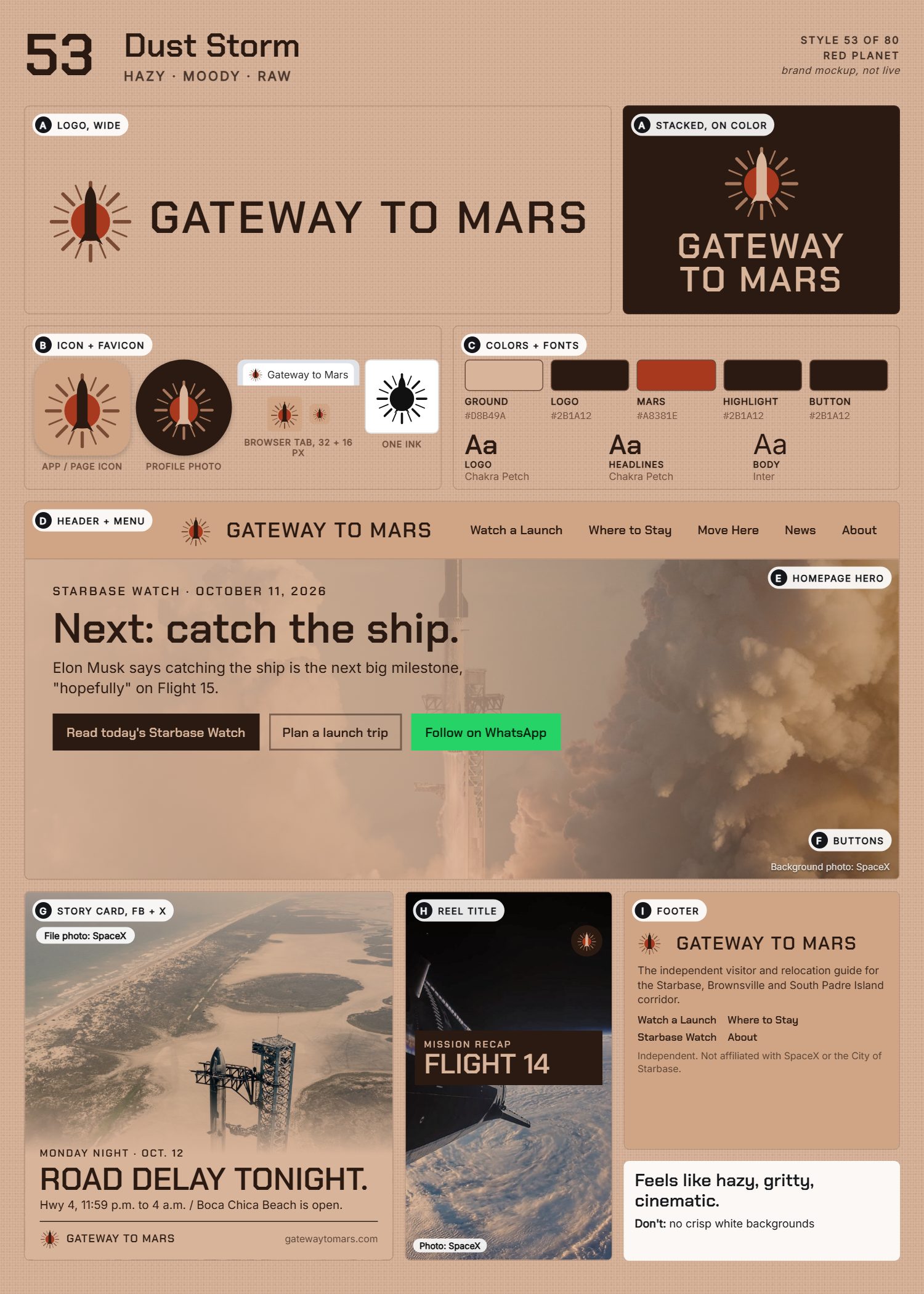 Style 53, Dust Storm, full page: logo, icons, colors and fonts, site header, homepage, buttons, story card, reel title and footer