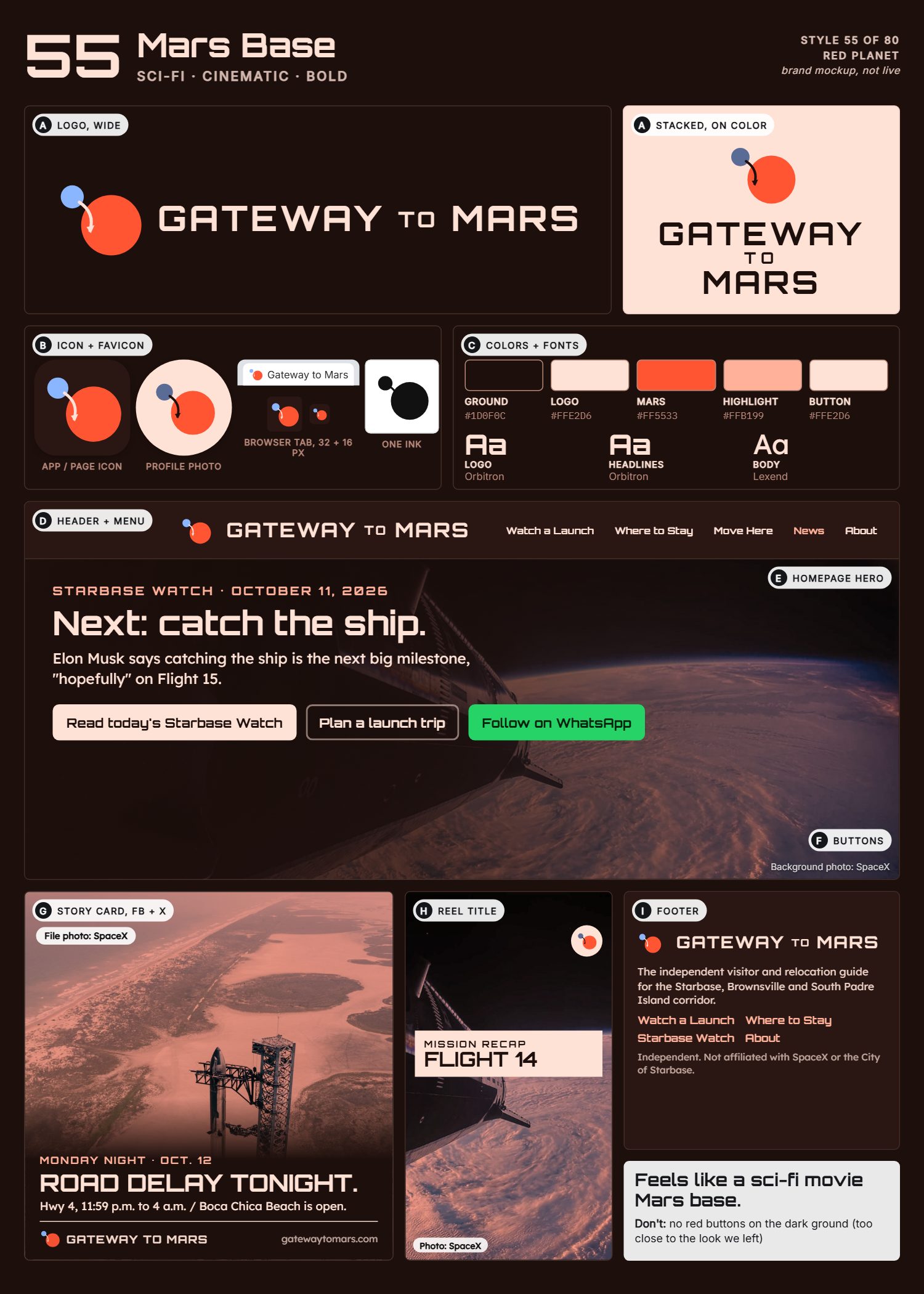 Style 55, Mars Base, full page: logo, icons, colors and fonts, site header, homepage, buttons, story card, reel title and footer