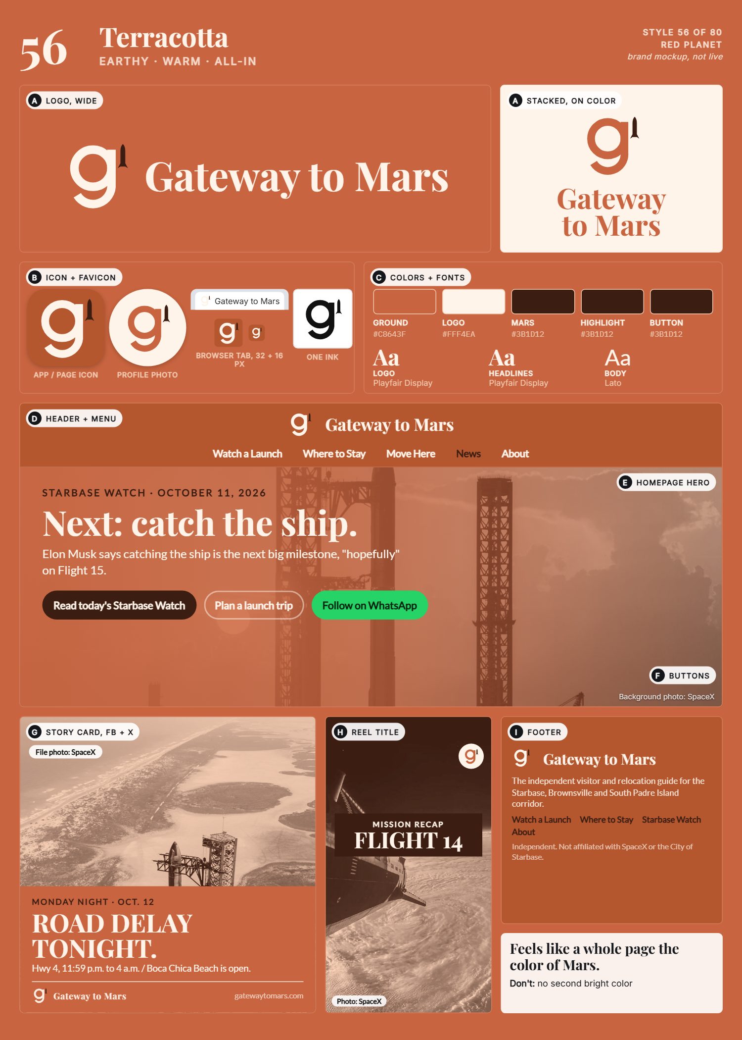 Style 56, Terracotta, full page: logo, icons, colors and fonts, site header, homepage, buttons, story card, reel title and footer