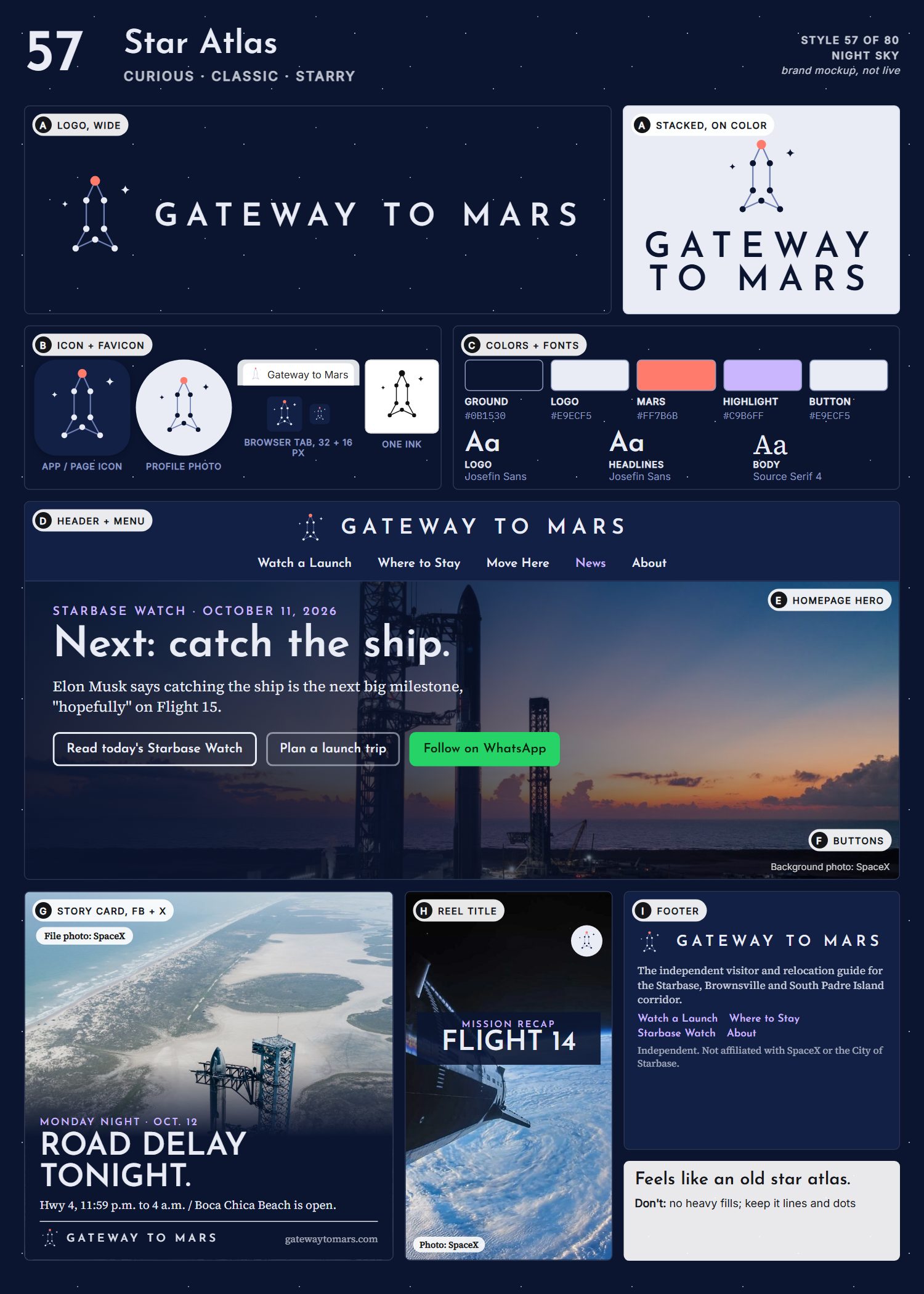 Style 57, Star Atlas, full page: logo, icons, colors and fonts, site header, homepage, buttons, story card, reel title and footer