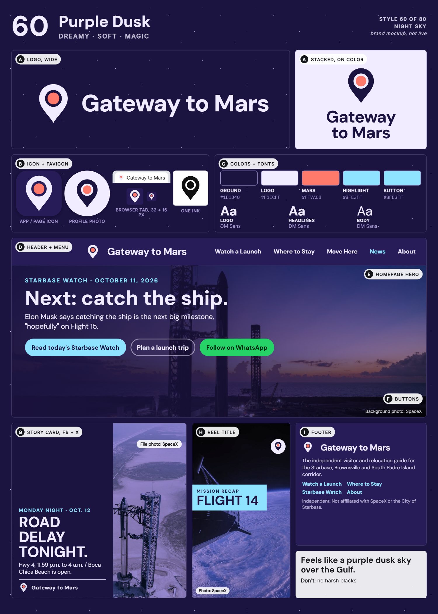 Style 60, Purple Dusk, full page: logo, icons, colors and fonts, site header, homepage, buttons, story card, reel title and footer