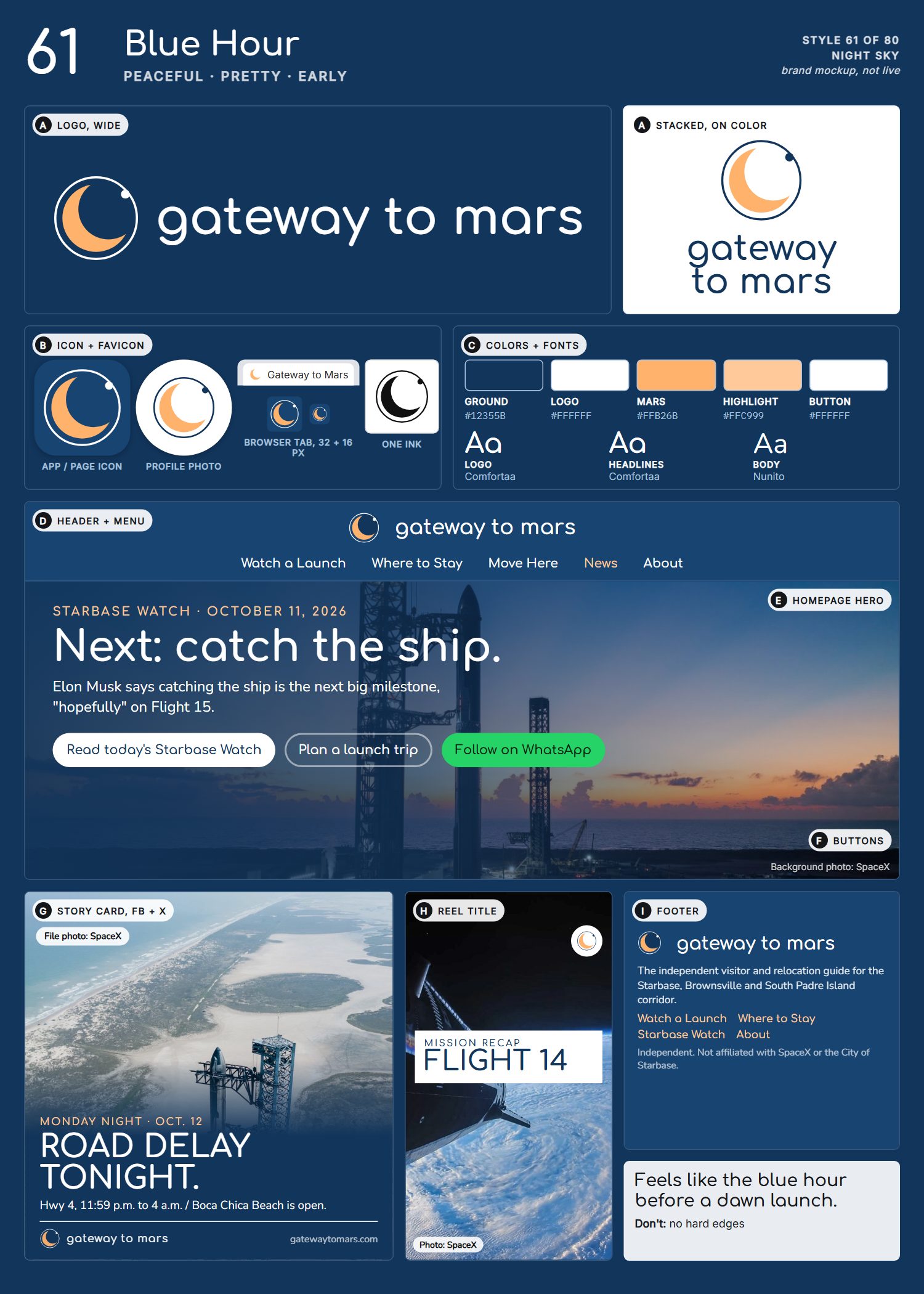 Style 61, Blue Hour, full page: logo, icons, colors and fonts, site header, homepage, buttons, story card, reel title and footer