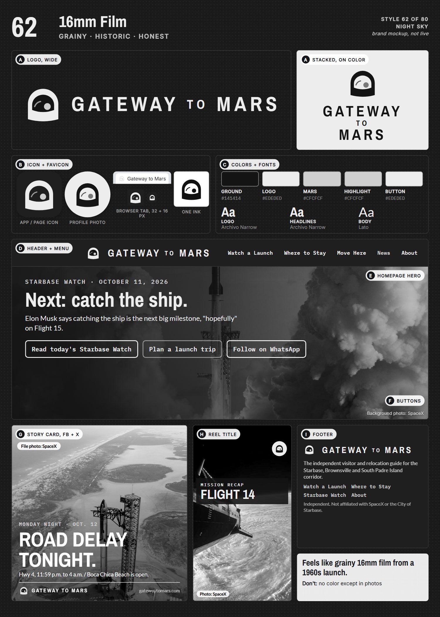 Style 62, 16mm Film, full page: logo, icons, colors and fonts, site header, homepage, buttons, story card, reel title and footer