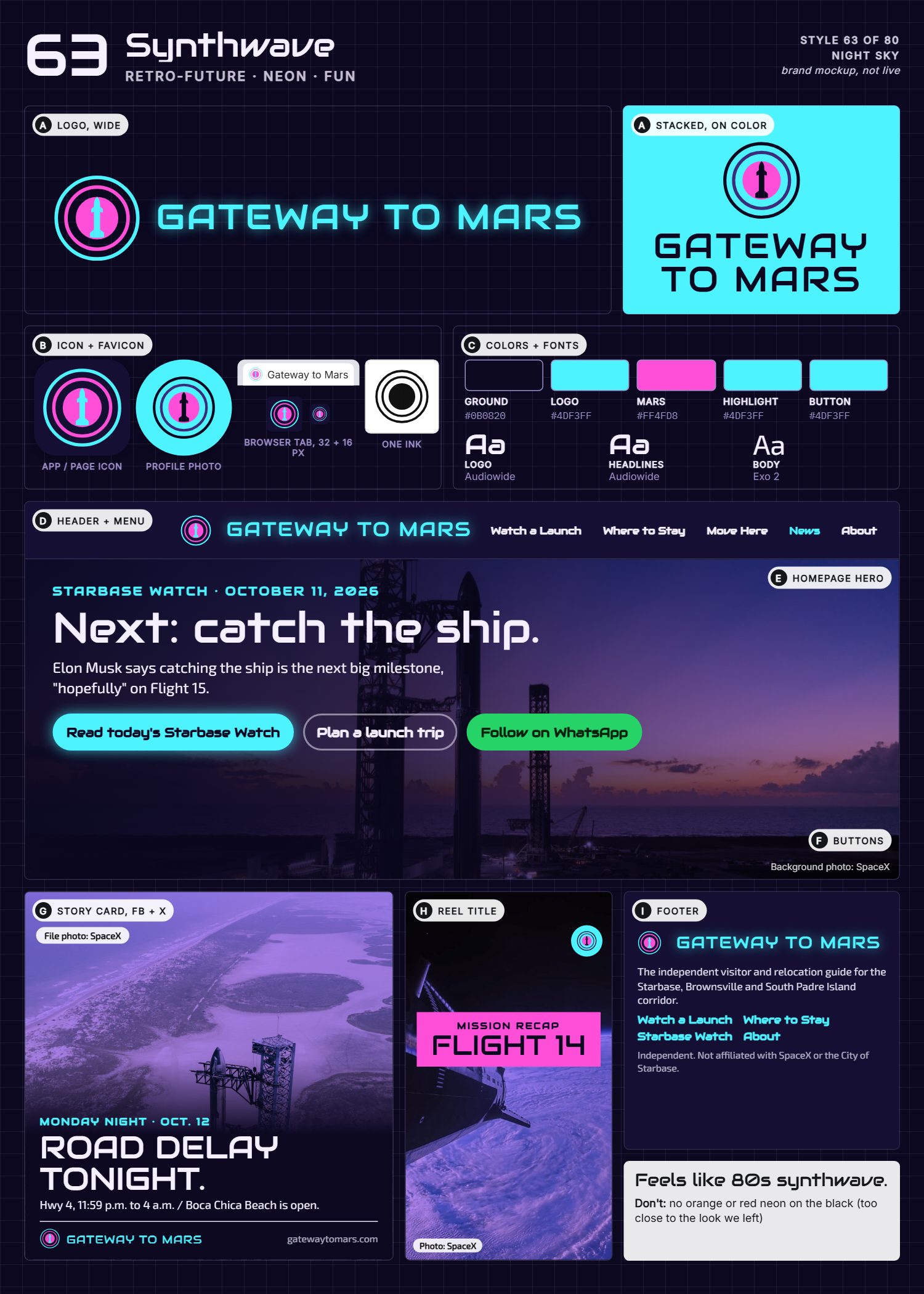 Style 63, Synthwave, full page: logo, icons, colors and fonts, site header, homepage, buttons, story card, reel title and footer
