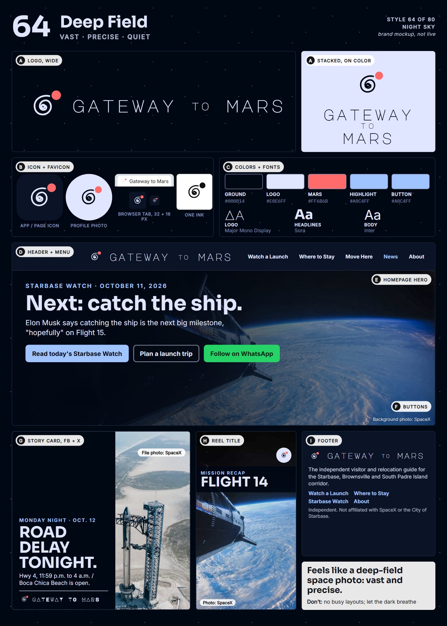 Style 64, Deep Field, full page: logo, icons, colors and fonts, site header, homepage, buttons, story card, reel title and footer