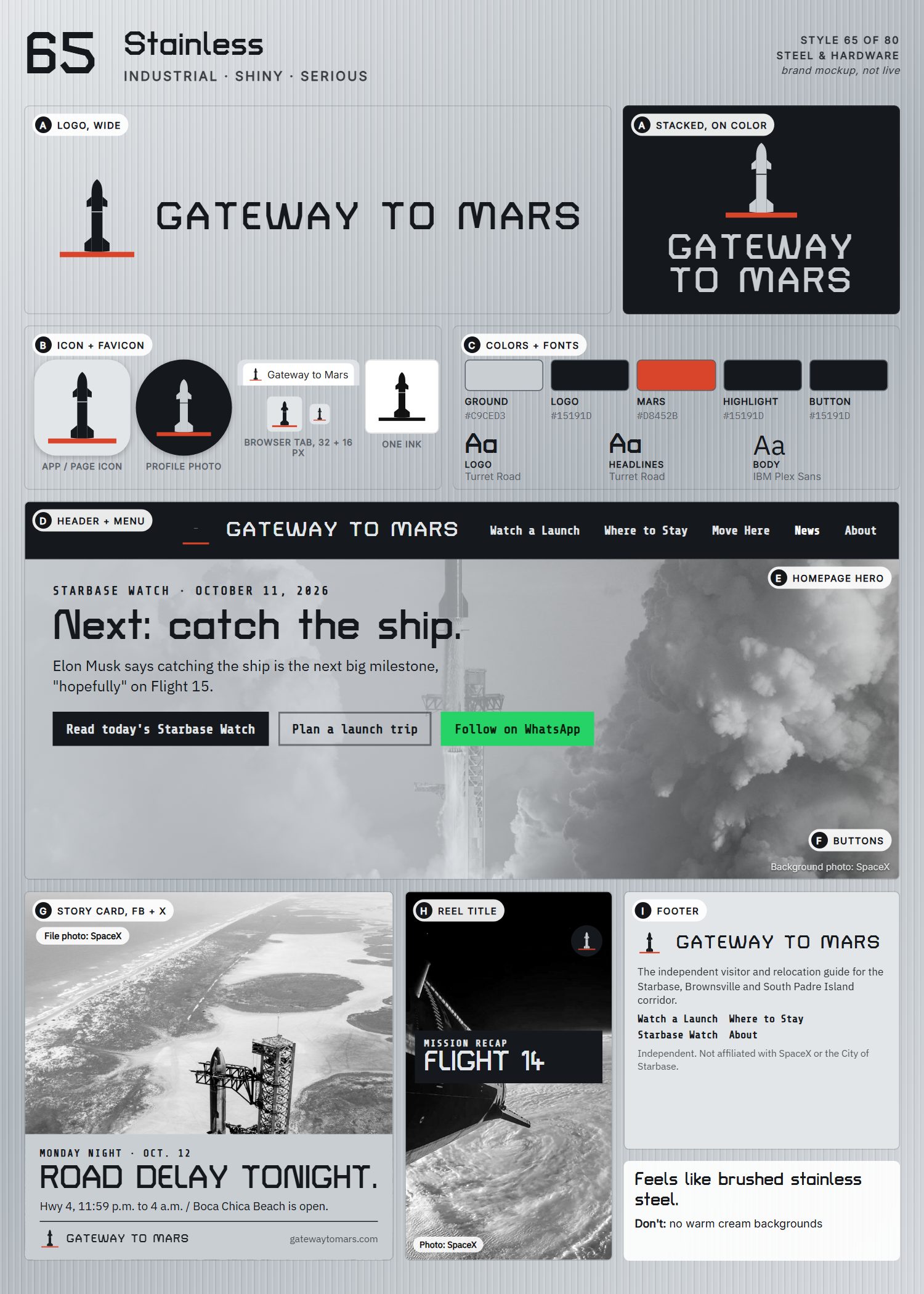 Style 65, Stainless, full page: logo, icons, colors and fonts, site header, homepage, buttons, story card, reel title and footer