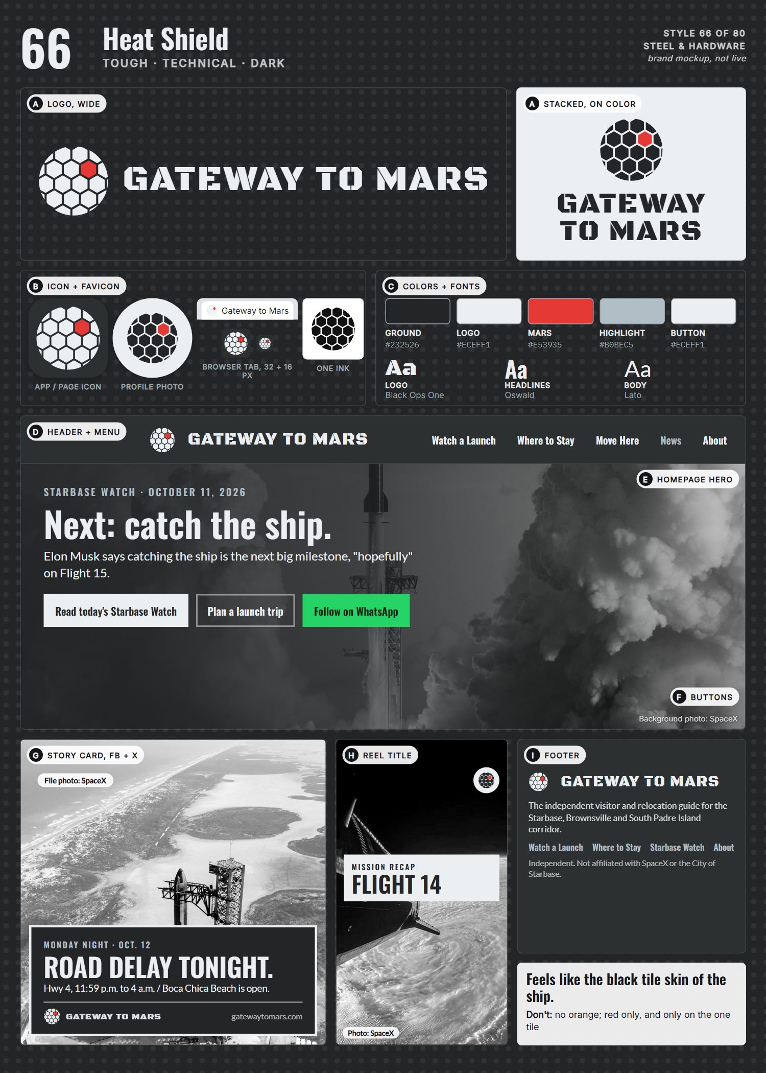 Style 66, Heat Shield, full page: logo, icons, colors and fonts, site header, homepage, buttons, story card, reel title and footer