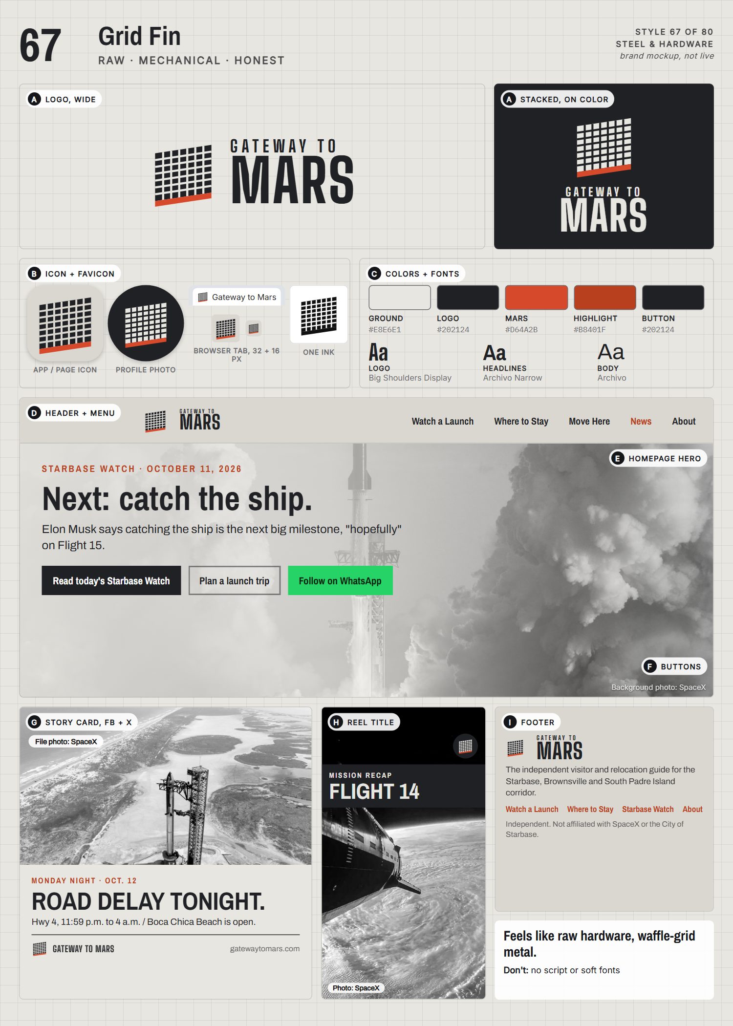 Style 67, Grid Fin, full page: logo, icons, colors and fonts, site header, homepage, buttons, story card, reel title and footer
