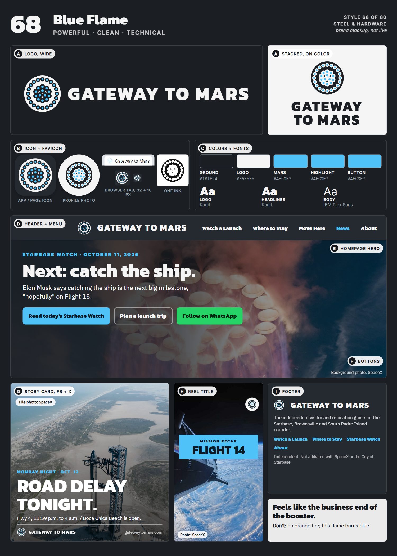 Style 68, Blue Flame, full page: logo, icons, colors and fonts, site header, homepage, buttons, story card, reel title and footer