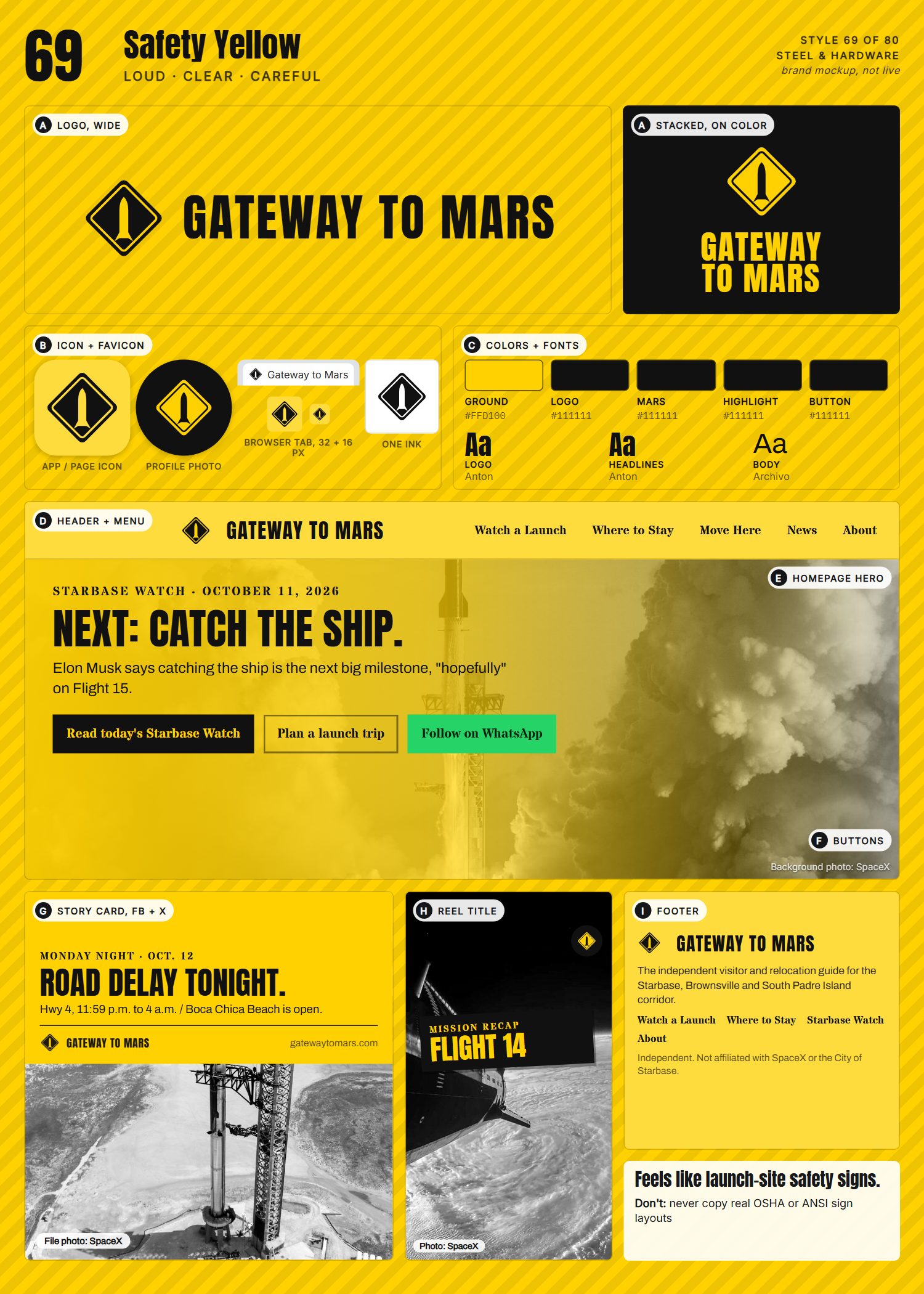 Style 69, Safety Yellow, full page: logo, icons, colors and fonts, site header, homepage, buttons, story card, reel title and footer