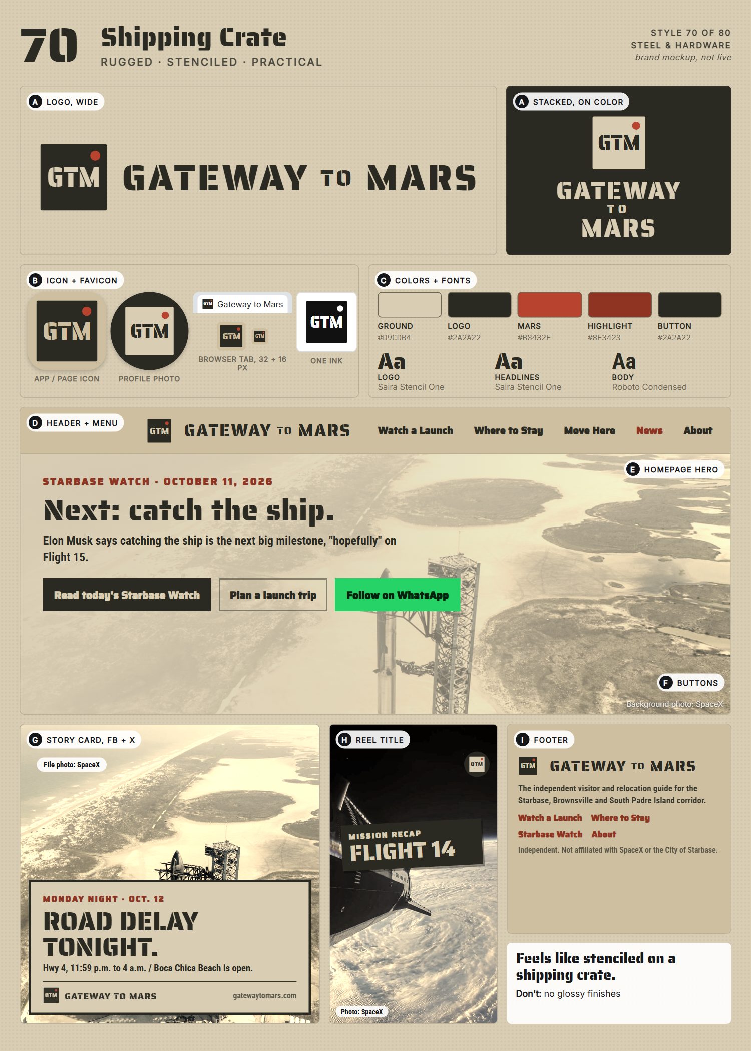 Style 70, Shipping Crate, full page: logo, icons, colors and fonts, site header, homepage, buttons, story card, reel title and footer