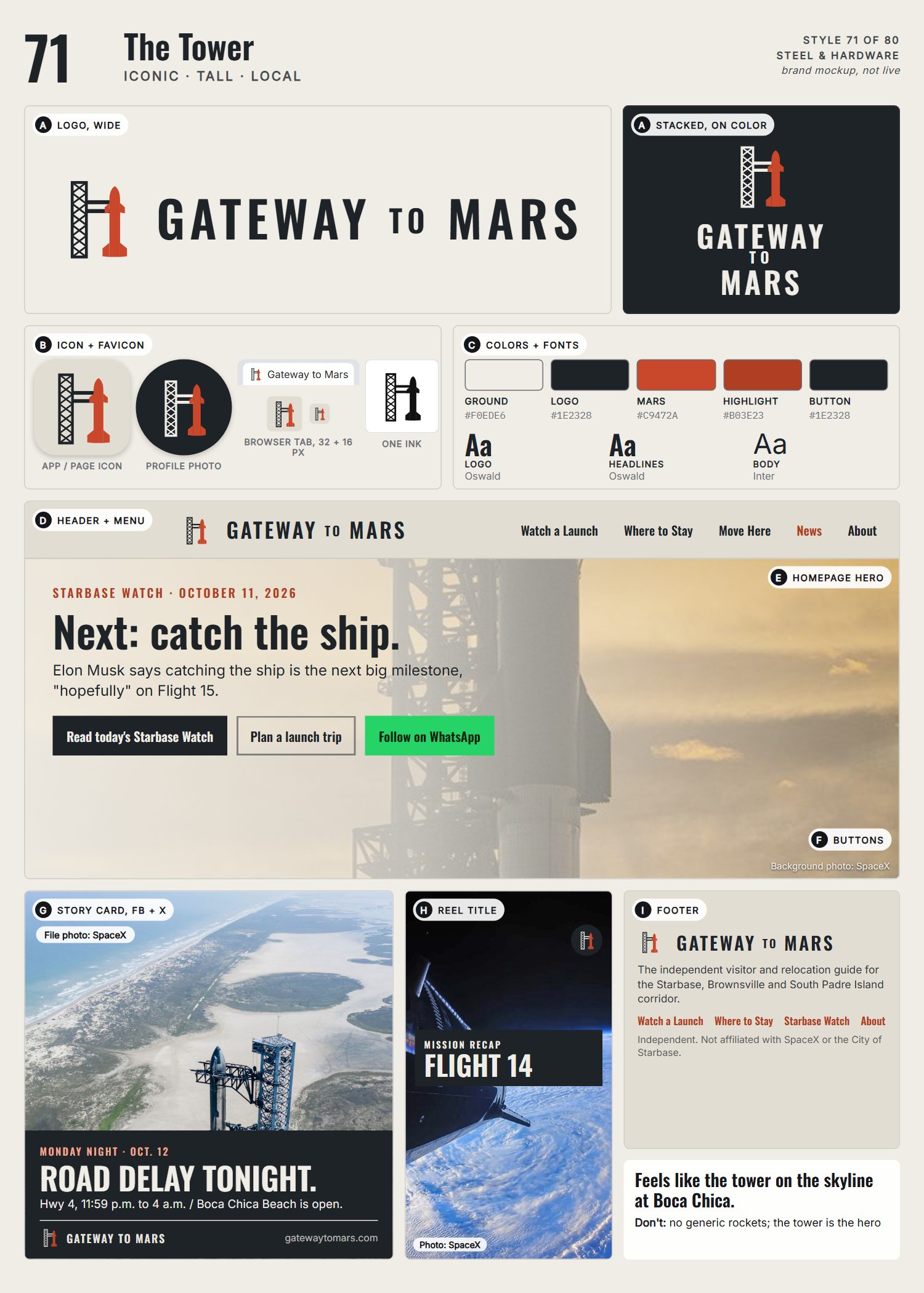 Style 71, The Tower, full page: logo, icons, colors and fonts, site header, homepage, buttons, story card, reel title and footer