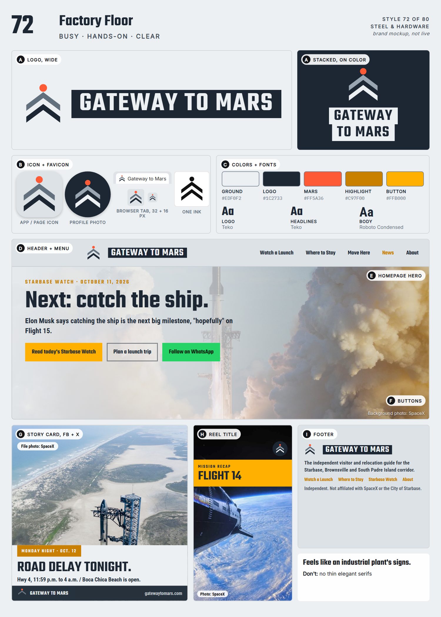 Style 72, Factory Floor, full page: logo, icons, colors and fonts, site header, homepage, buttons, story card, reel title and footer