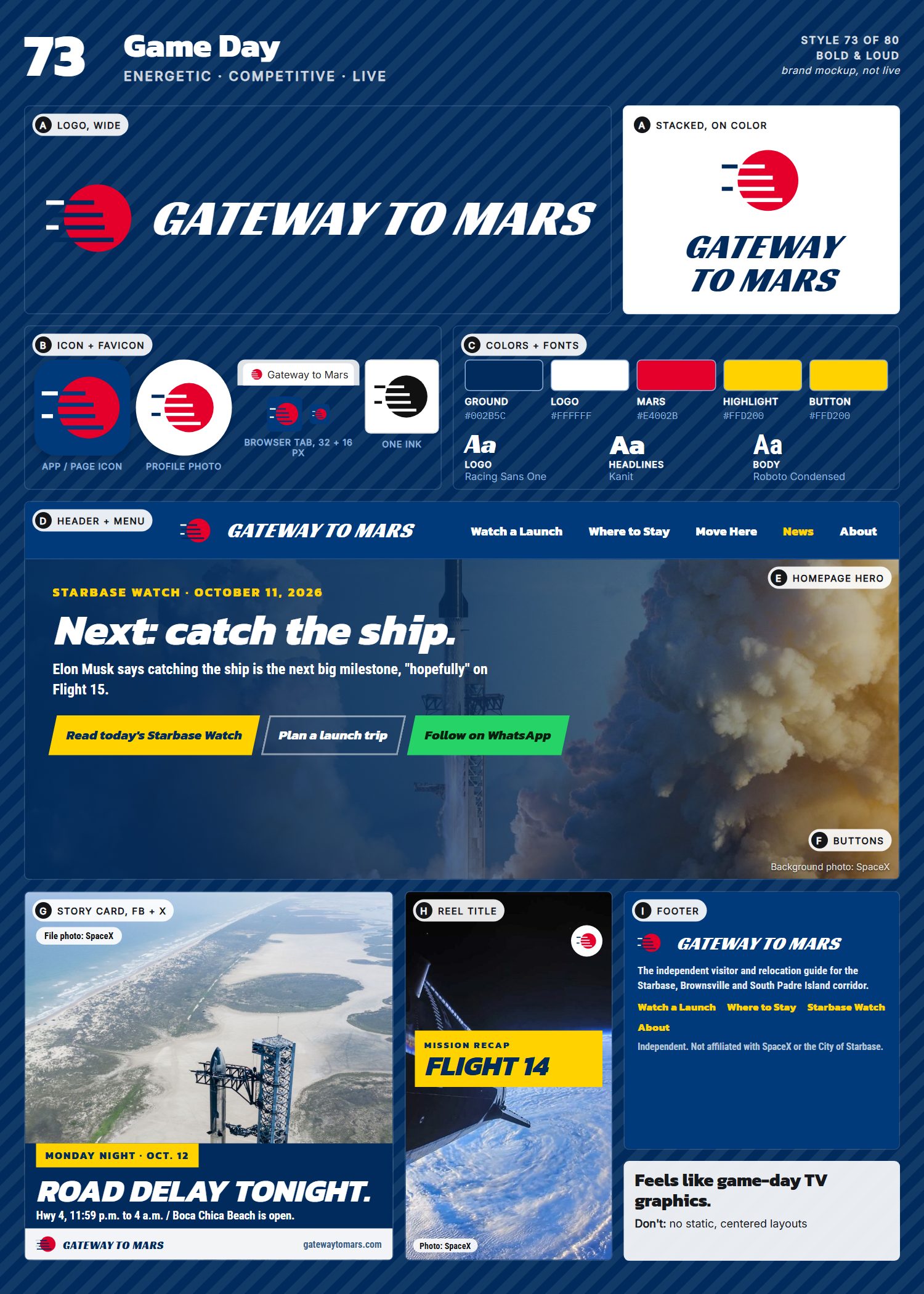 Style 73, Game Day, full page: logo, icons, colors and fonts, site header, homepage, buttons, story card, reel title and footer