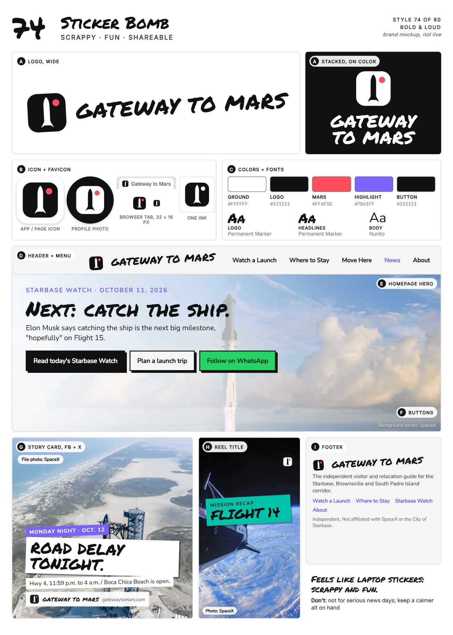 Style 74, Sticker Bomb, full page: logo, icons, colors and fonts, site header, homepage, buttons, story card, reel title and footer