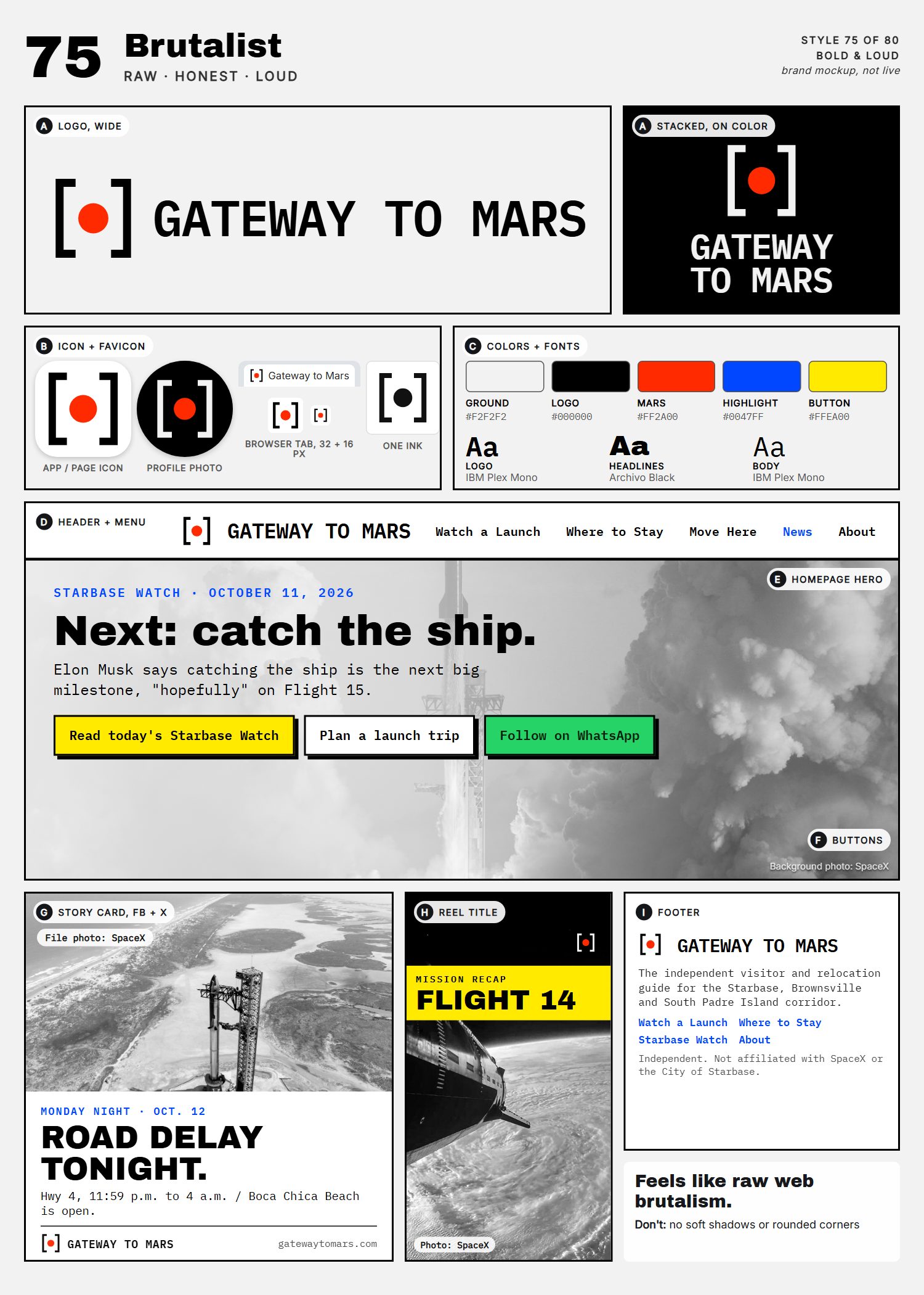 Style 75, Brutalist, full page: logo, icons, colors and fonts, site header, homepage, buttons, story card, reel title and footer