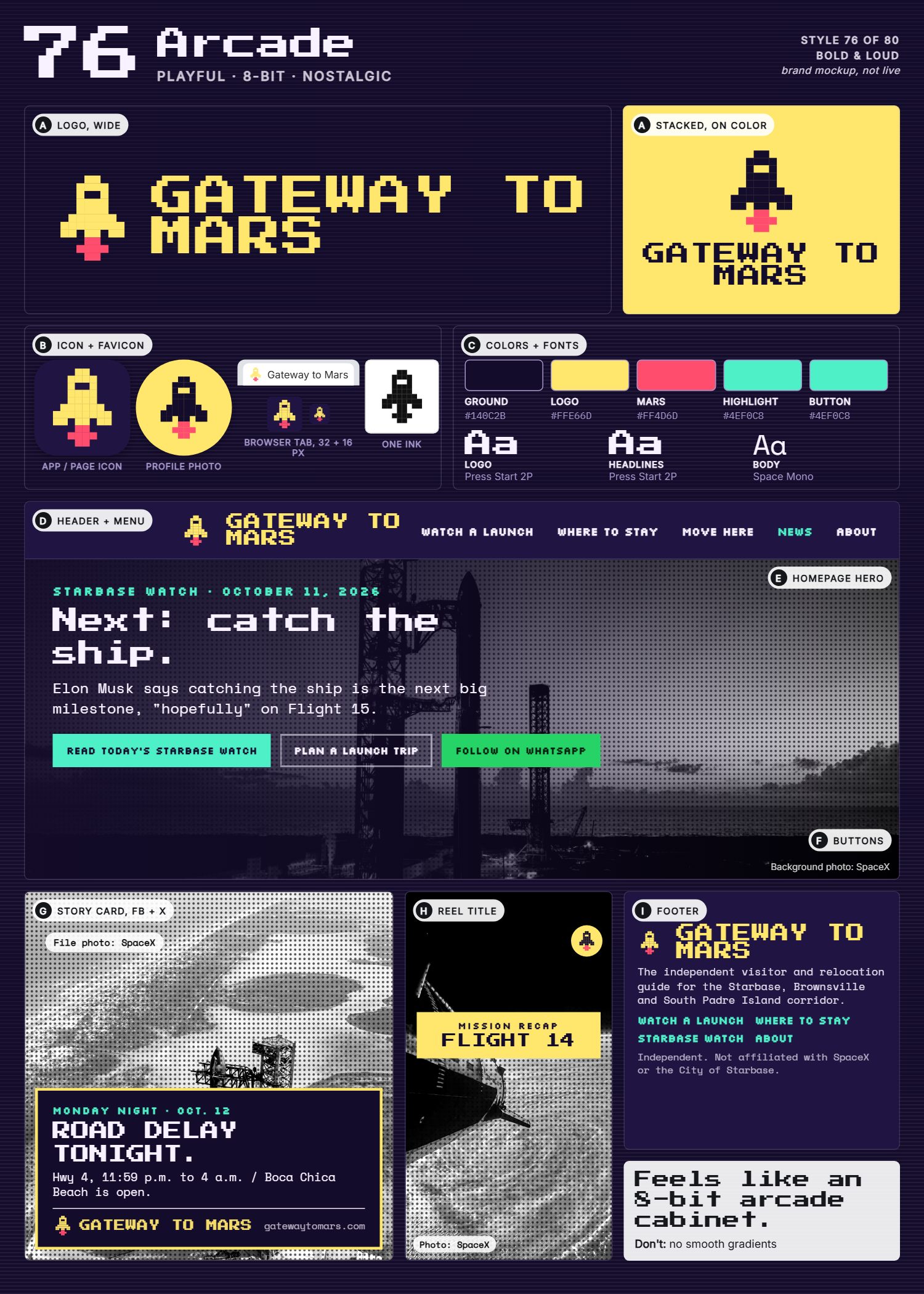 Style 76, Arcade, full page: logo, icons, colors and fonts, site header, homepage, buttons, story card, reel title and footer