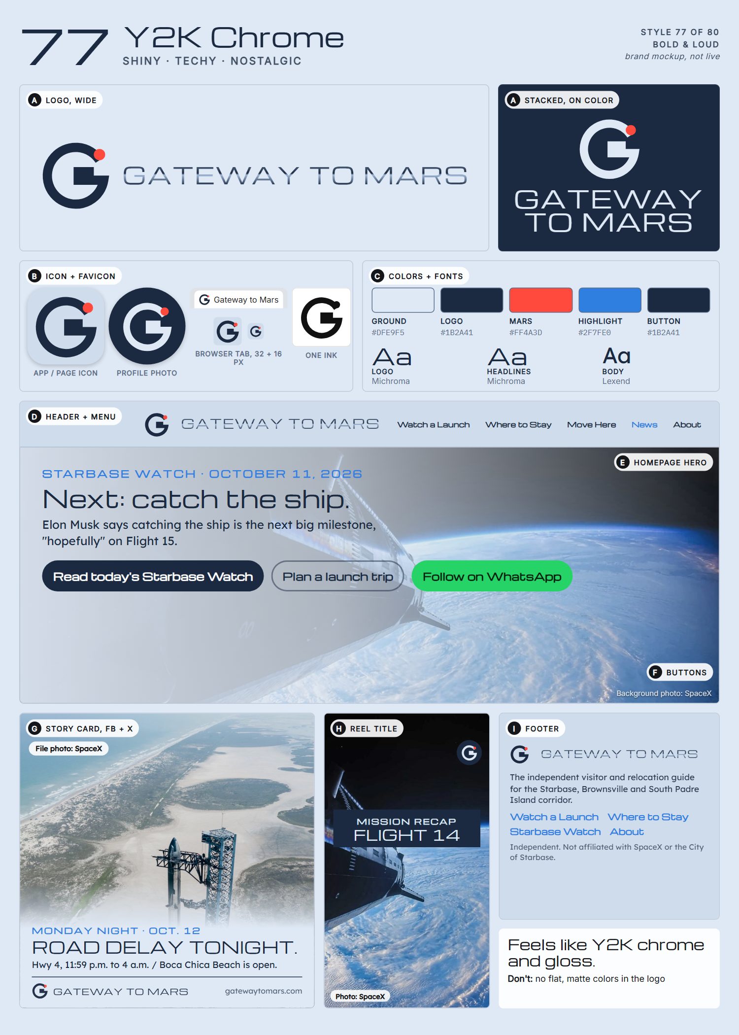 Style 77, Y2K Chrome, full page: logo, icons, colors and fonts, site header, homepage, buttons, story card, reel title and footer