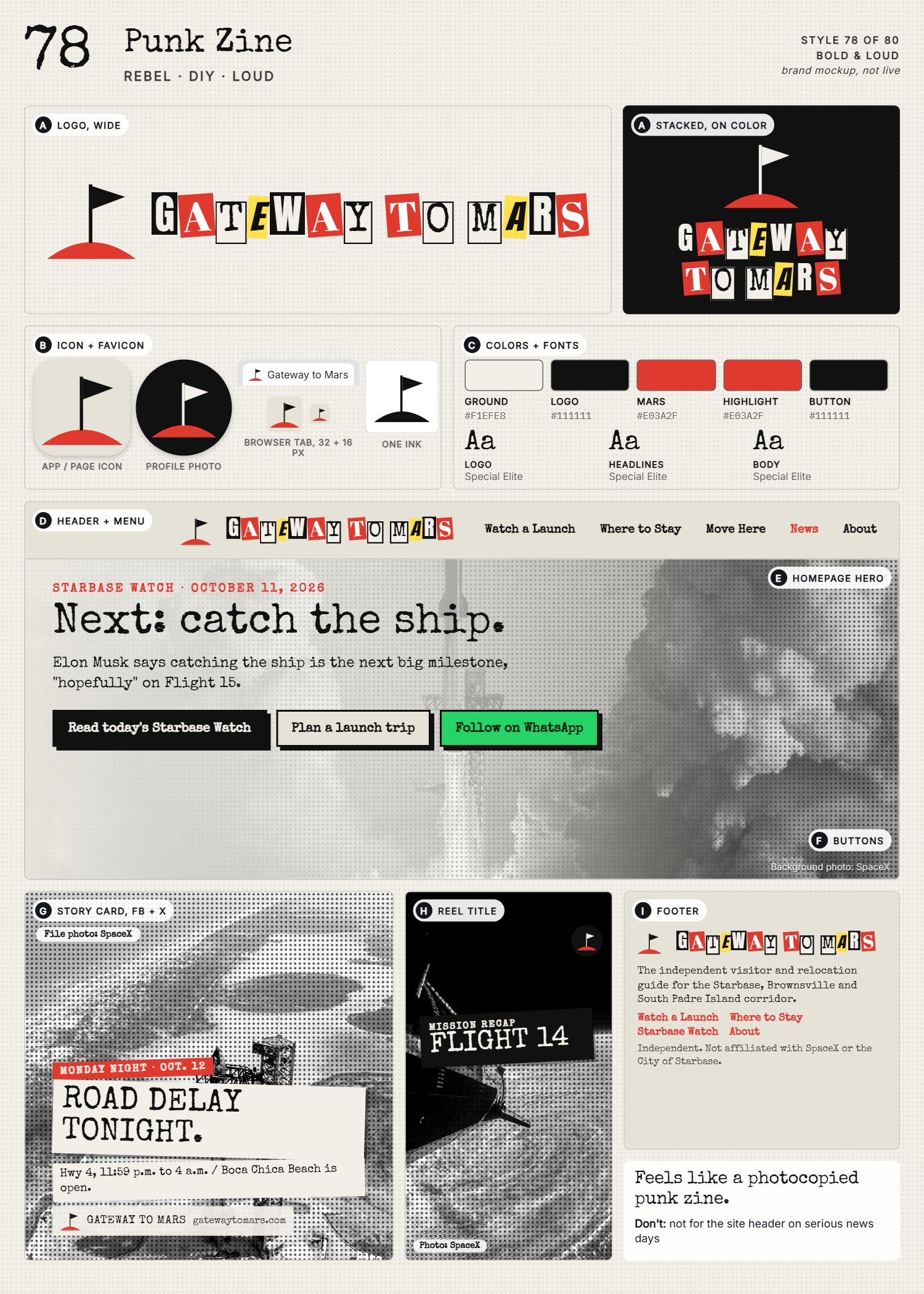 Style 78, Punk Zine, full page: logo, icons, colors and fonts, site header, homepage, buttons, story card, reel title and footer