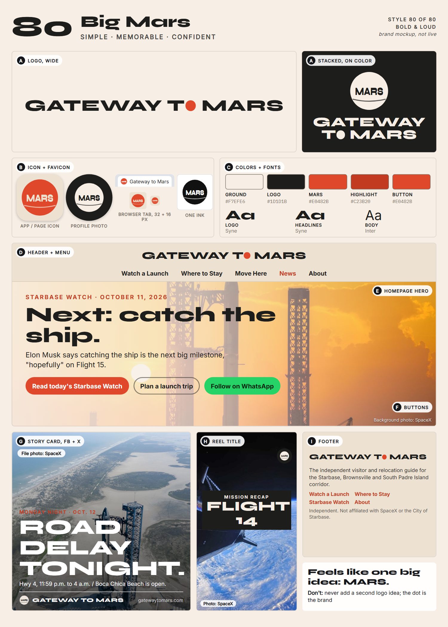 Style 80, Big Mars, full page: logo, icons, colors and fonts, site header, homepage, buttons, story card, reel title and footer