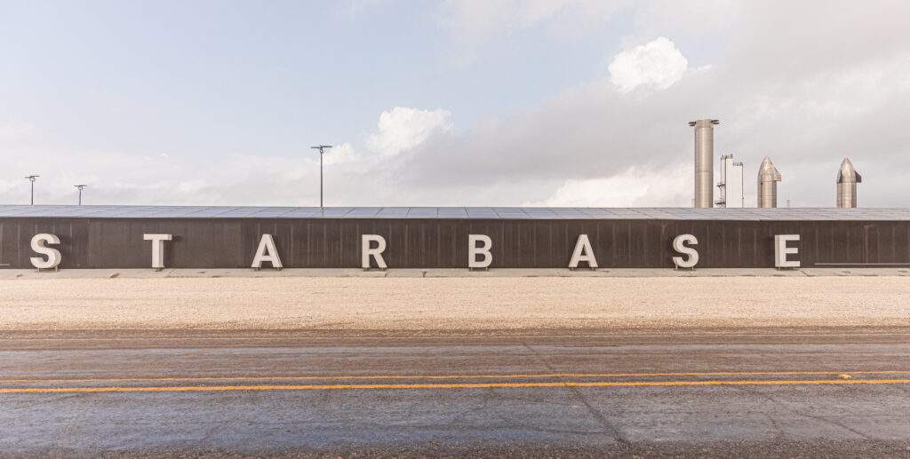 Photo of the large white lettered STARBASE sign at SpaceX in Boca Chica