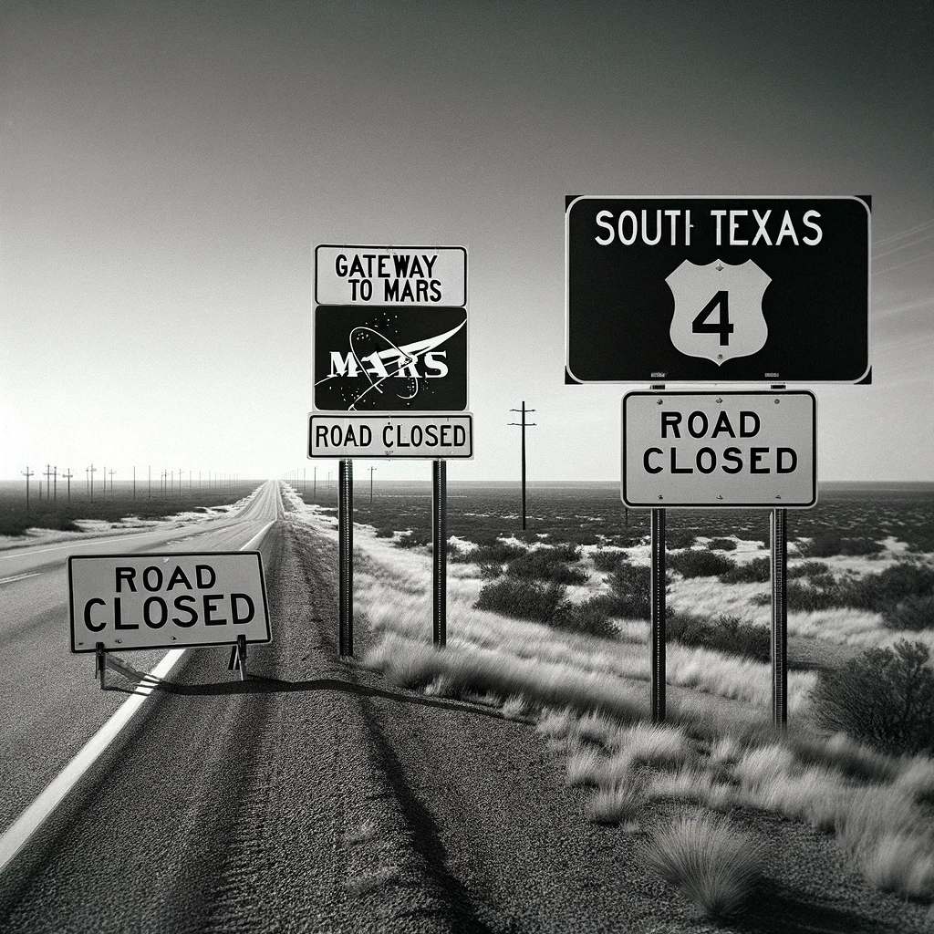 Black and white photo of Hwy4 Road Closure head to Starbase Texas