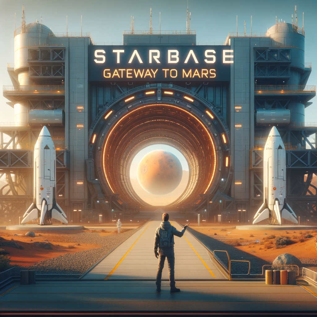 Futuristic Image of a walking tour at Starbase showing a portal to Mars