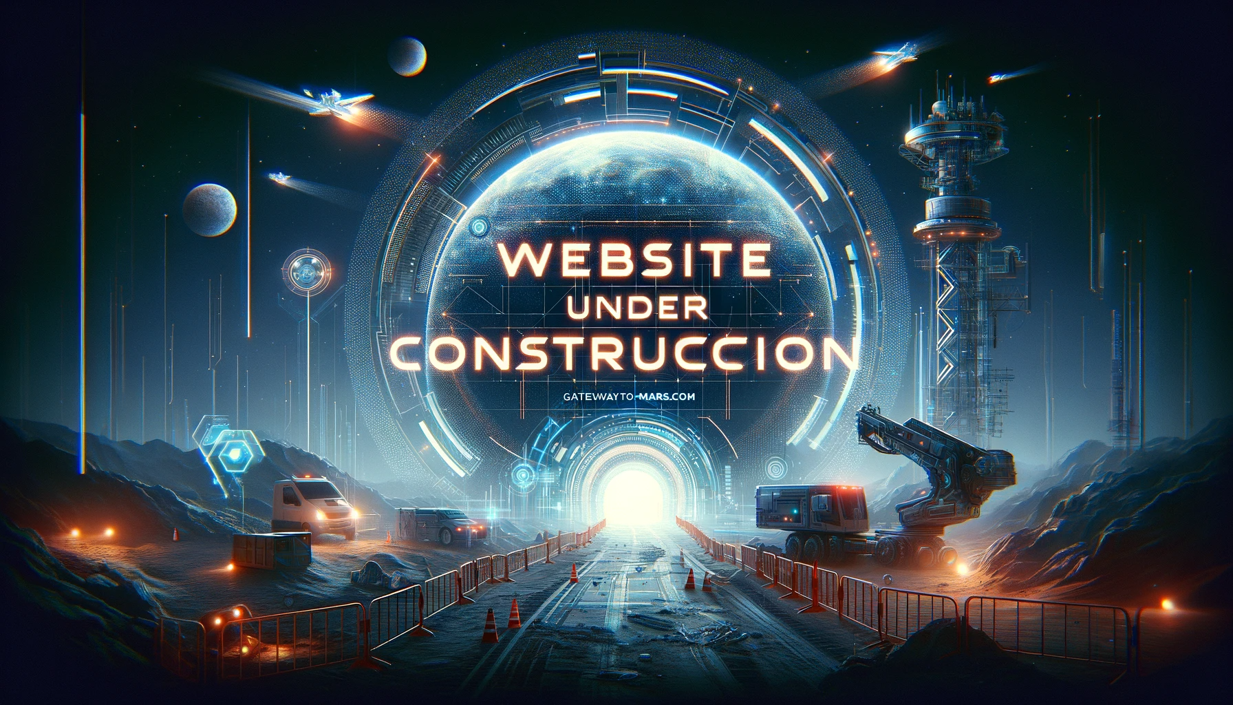 Futuristic Photo of a portal showing a banner which indicates that the website is under construction